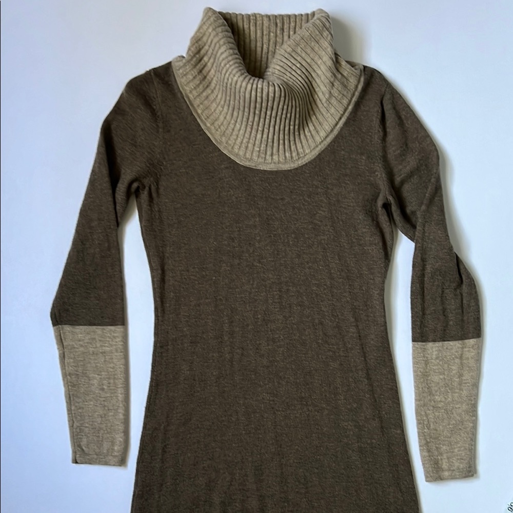 Athleta tan and brown merino wool cowl neck sweater dress